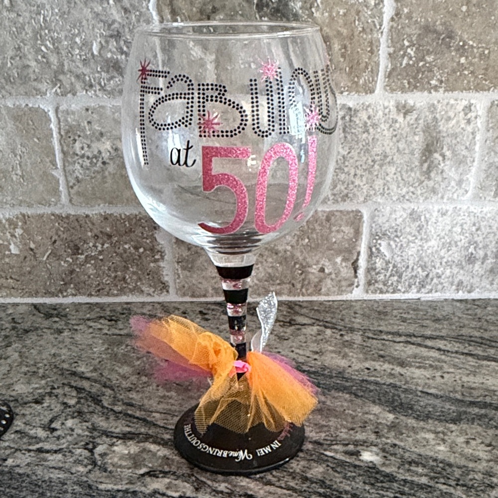 Fashion at 50 Wine Glass with Pink and Gold Accents